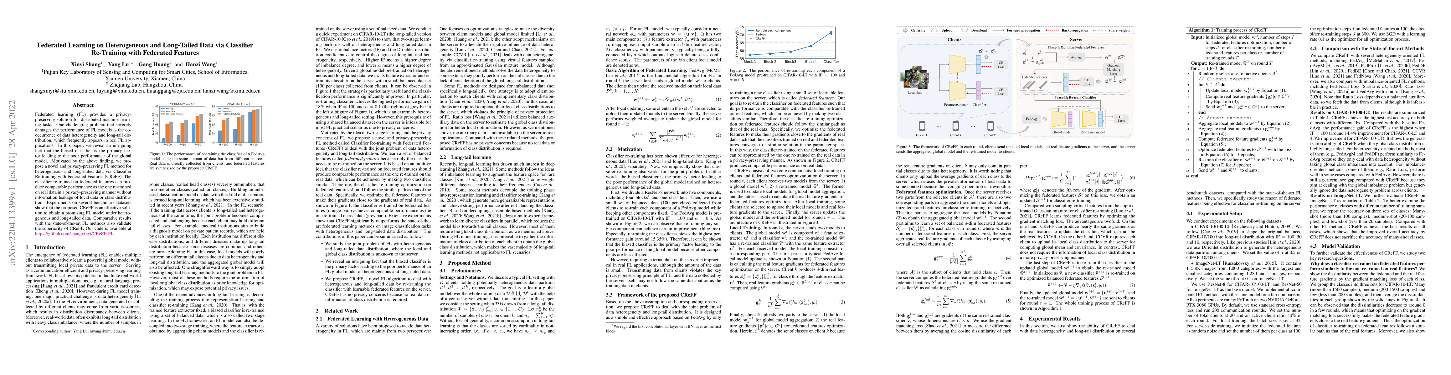Thumbnail for Federated Learning on Heterogeneous and Long-Tailed Data via Classifier
  Re-Training with Federated Features