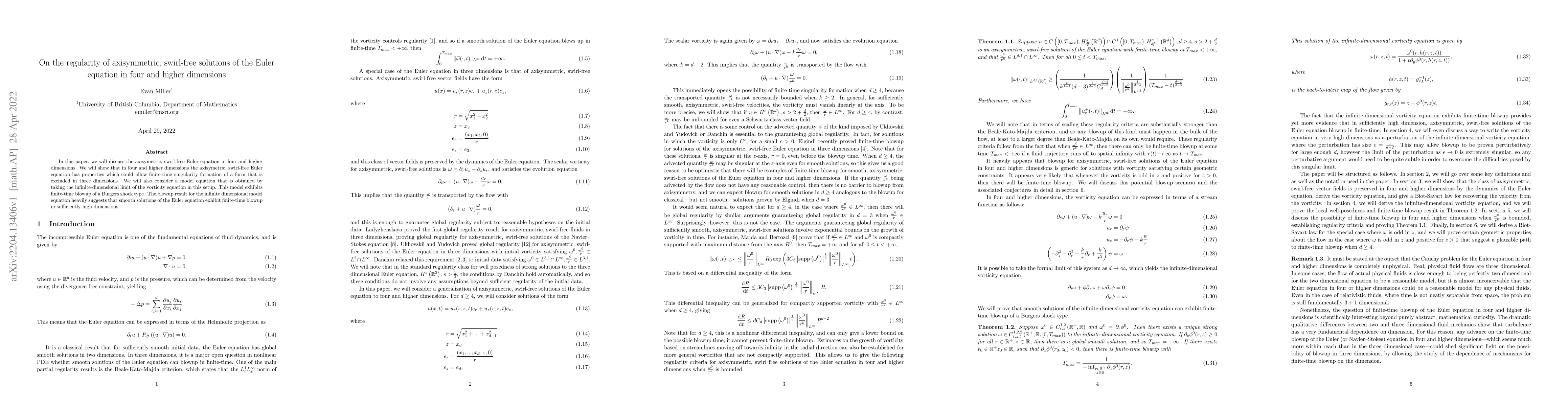 Thumbnail for On the regularity of axisymmetric, swirl-free solutions of the Euler
  equation in four and higher dimensions