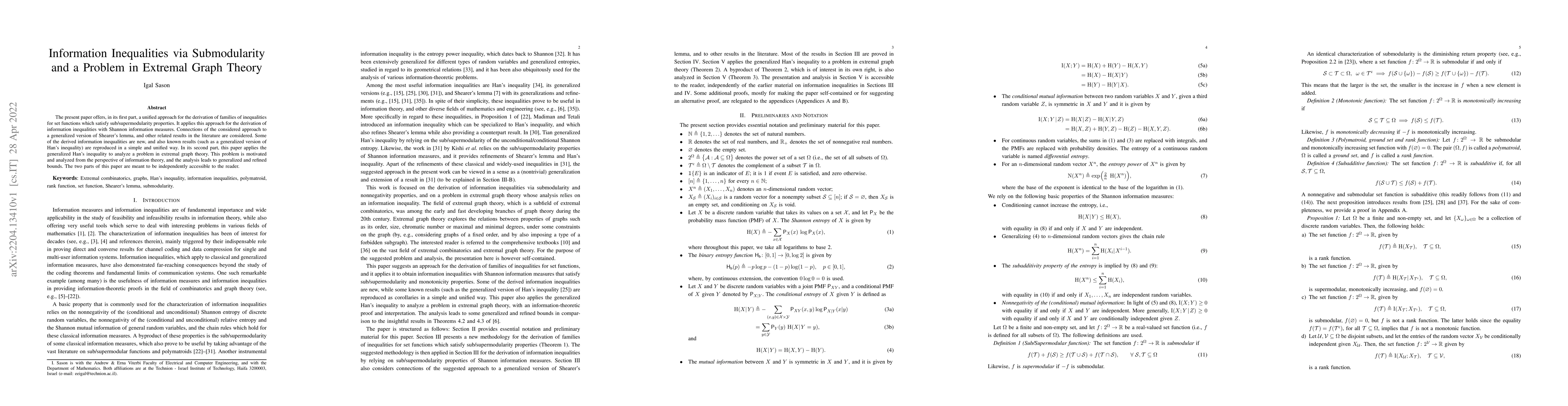 Thumbnail for Information Inequalities via Submodularity and a Problem in Extremal
  Graph Theory