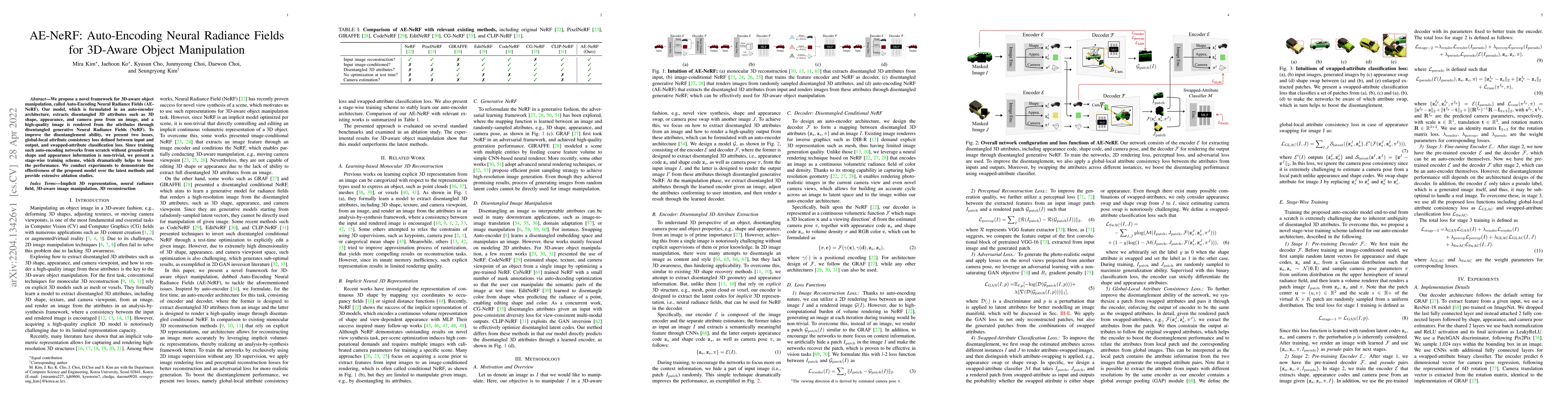 Thumbnail for AE-NeRF: Auto-Encoding Neural Radiance Fields for 3D-Aware Object
  Manipulation