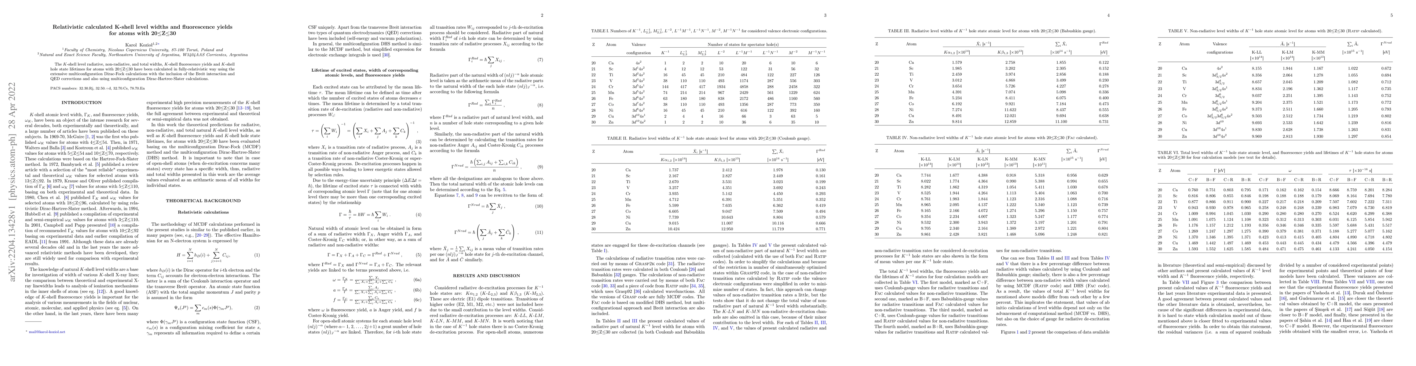 Thumbnail for Relativistically calculated K-shell level widths and fluorescence yields
  for atoms with 20$\le$Z$\le$30