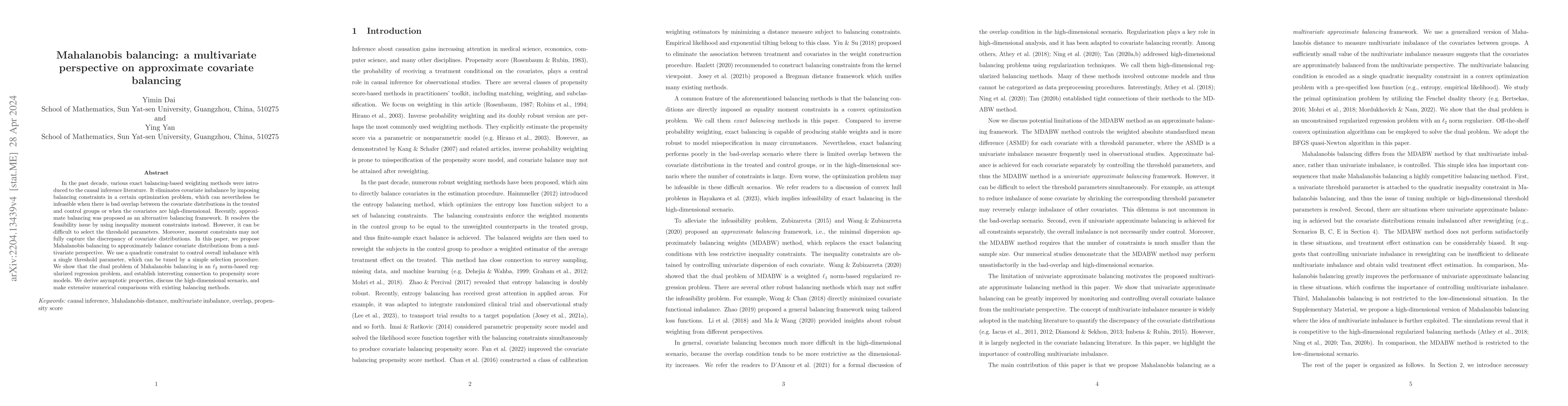 Thumbnail for Mahalanobis balancing: a multivariate perspective on approximate
  covariate balancing