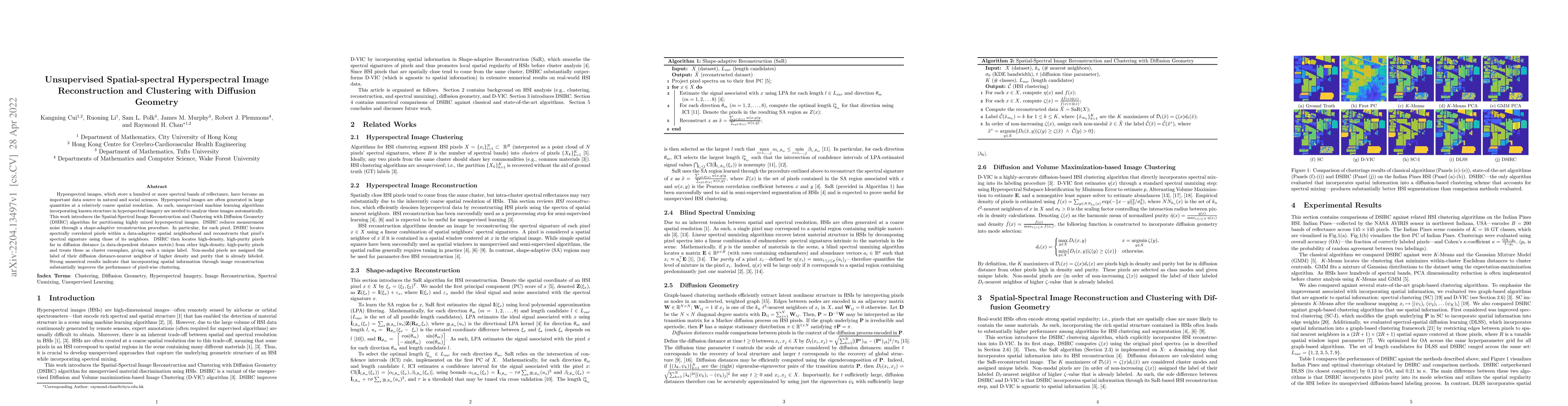 Thumbnail for Unsupervised Spatial-spectral Hyperspectral Image Reconstruction and
  Clustering with Diffusion Geometry