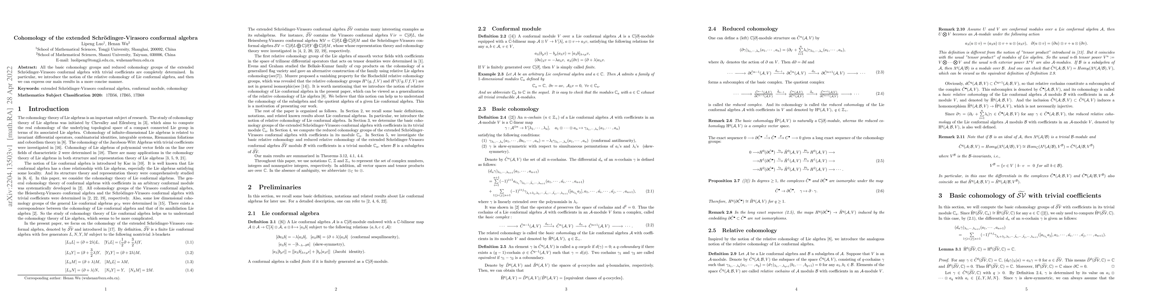 Thumbnail for Cohomology of the extended Schr\"odinger-Virasoro conformal algebra