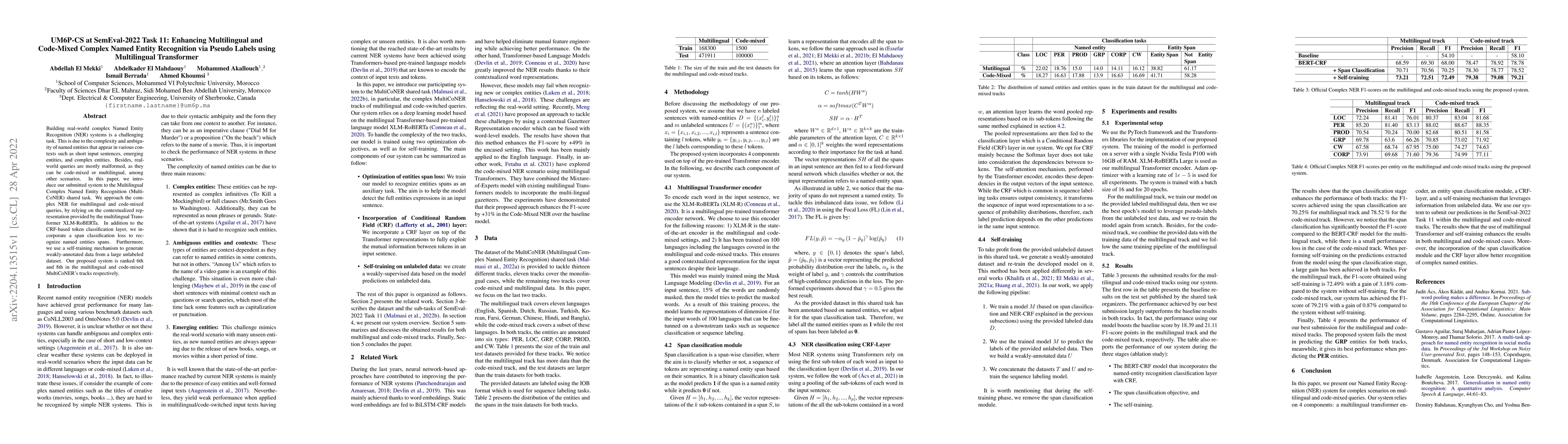 Thumbnail for UM6P-CS at SemEval-2022 Task 11: Enhancing Multilingual and Code-Mixed
  Complex Named Entity Recognition via Pseudo Labels using Multilingual
  Transformer