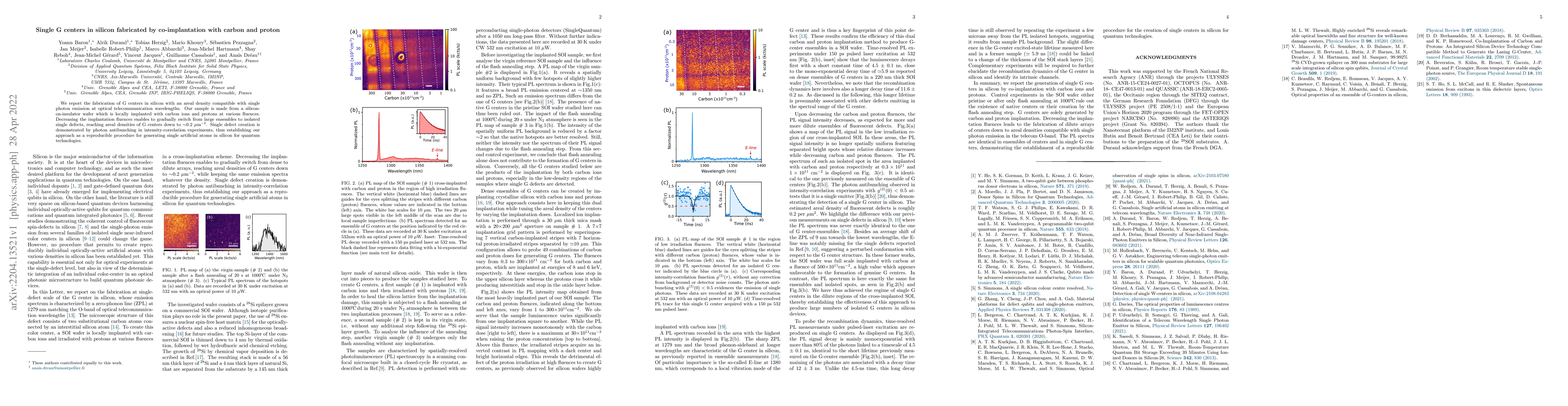 Thumbnail for Single G centers in silicon fabricated by co-implantation with carbon
  and proton