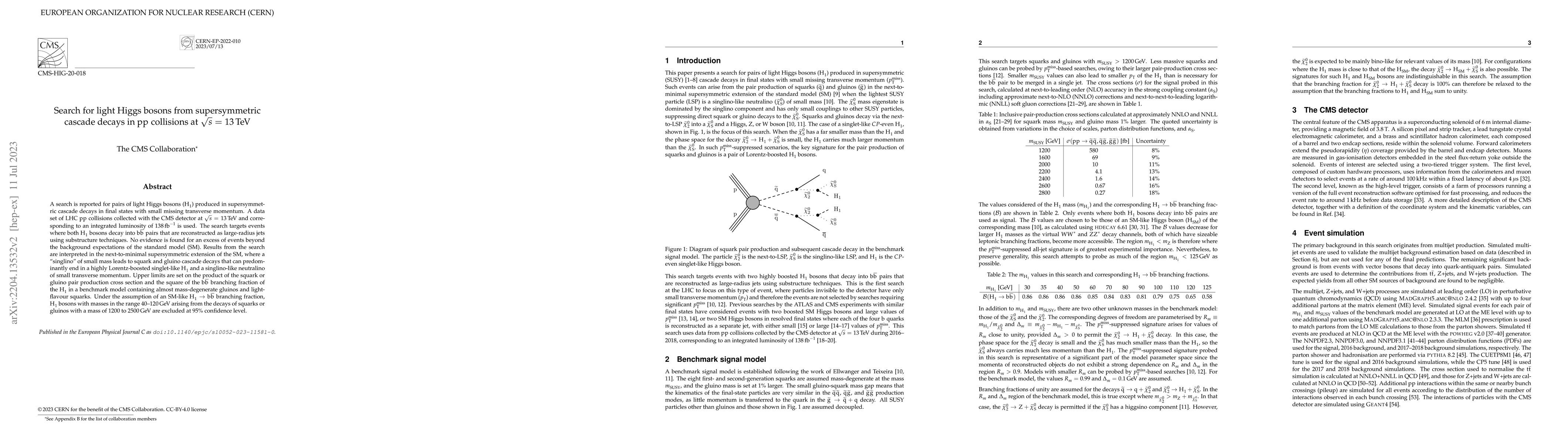 Thumbnail for Search for light Higgs bosons from supersymmetric cascade decays in pp
  collisions at $\sqrt{s}$ = 13 TeV