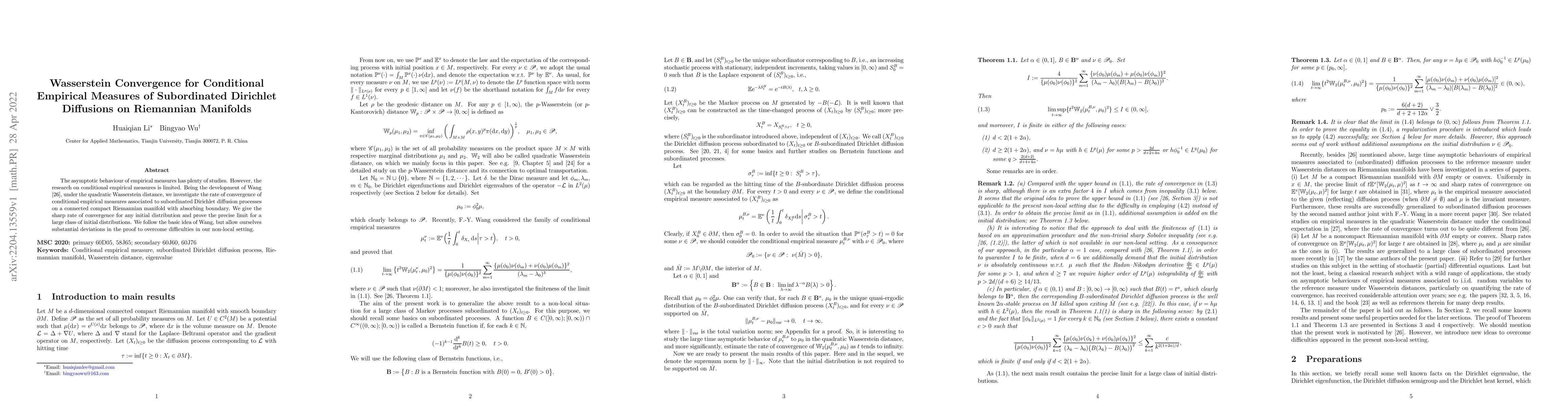 Thumbnail for Wasserstein Convergence for Conditional Empirical Measures of
  Subordinated Dirichlet Diffusions on Riemannian Manifolds