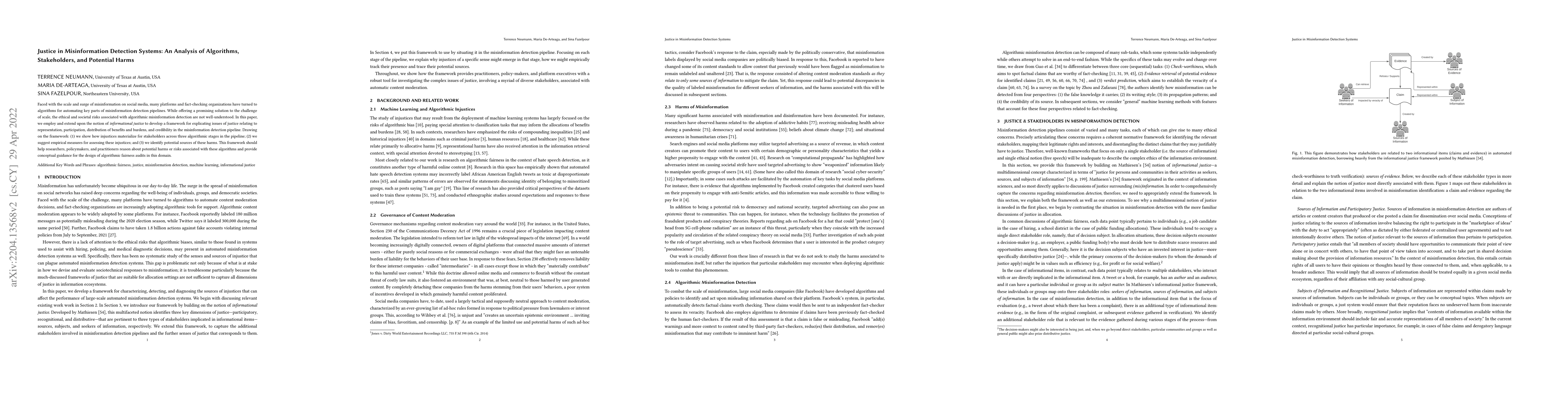 Thumbnail for Justice in Misinformation Detection Systems: An Analysis of Algorithms,
  Stakeholders, and Potential Harms