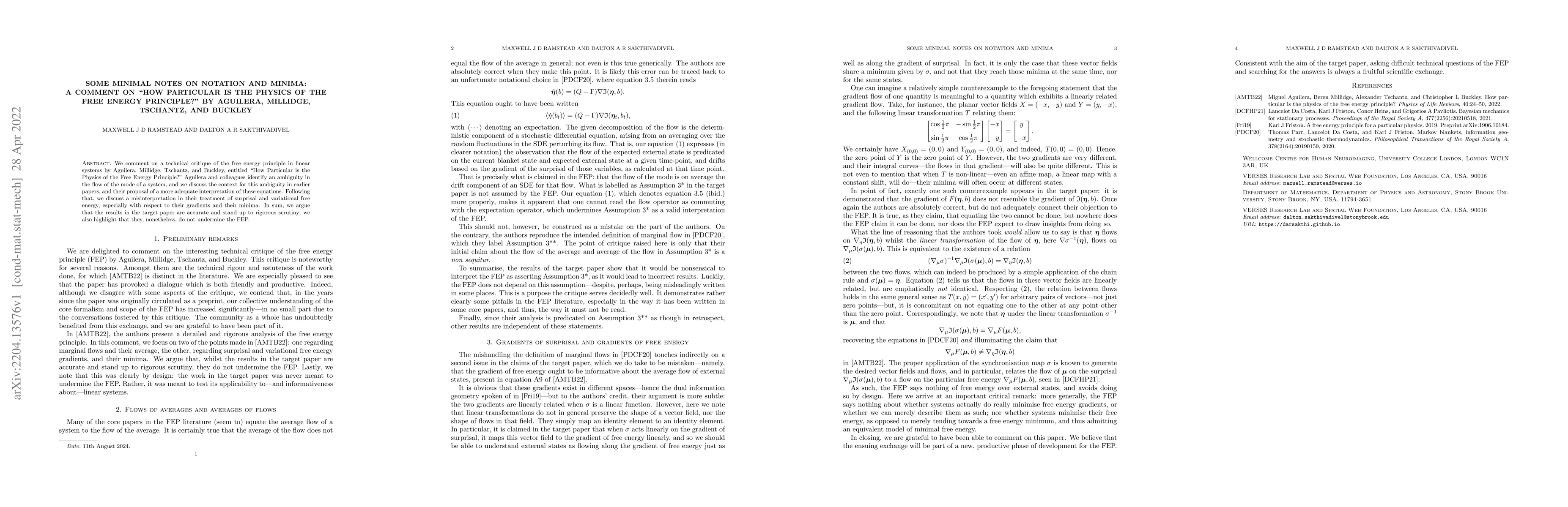 Thumbnail for Some Minimal Notes on Notation and Minima: A Comment on "How Particular
  is the Physics of the Free Energy Principle?" by Aguilera, Millidge,
  Tschantz, and Buckley