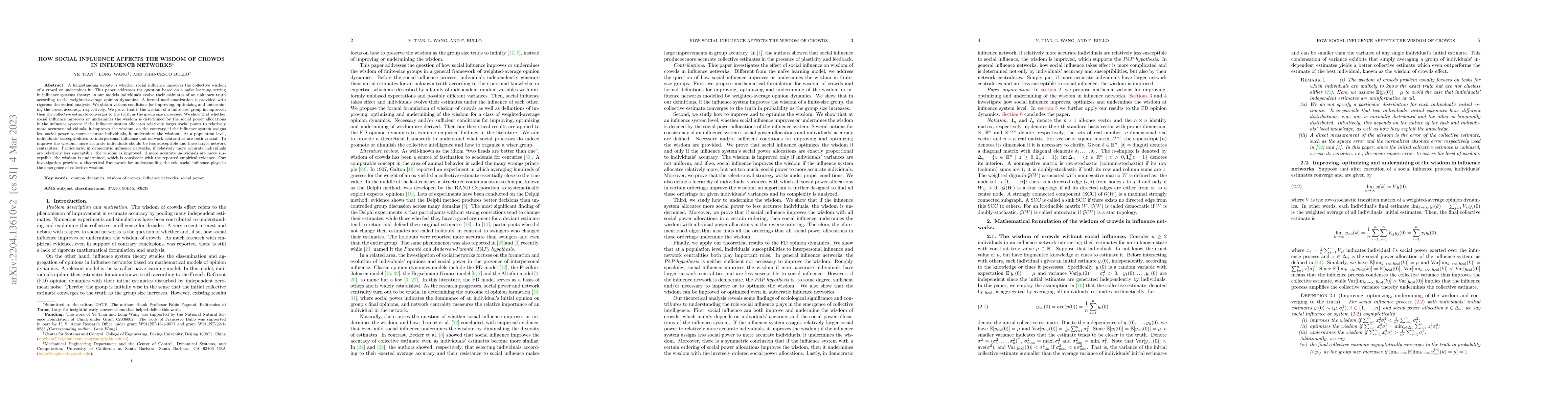 Thumbnail for How social influence affects the wisdom of crowds in influence networks