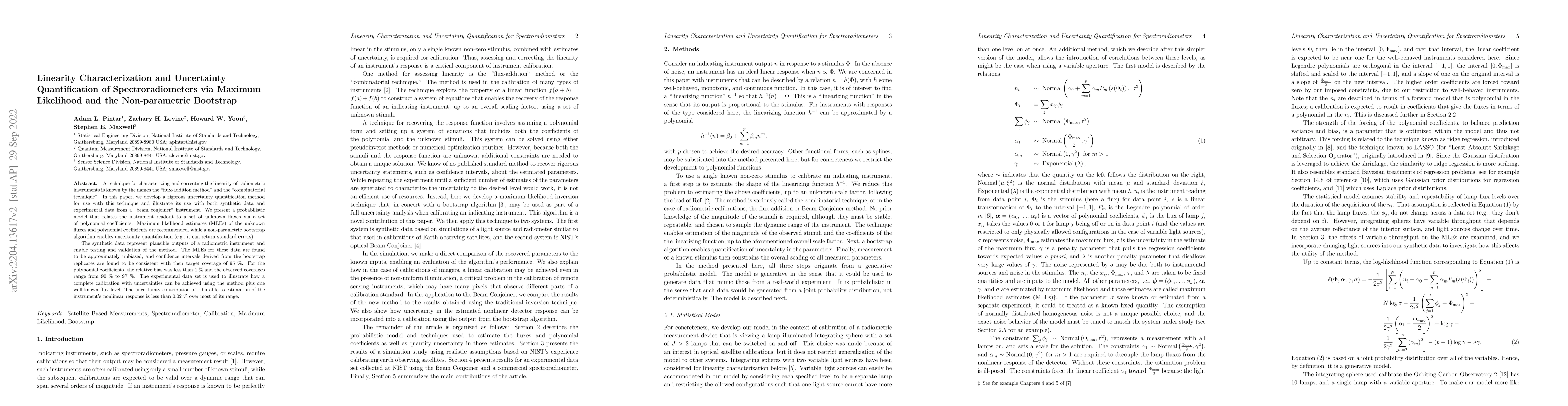 Thumbnail for Linearity Characterization and Uncertainty Quantification of
  Spectroradiometers via Maximum Likelihood and the Non-parametric Bootstrap