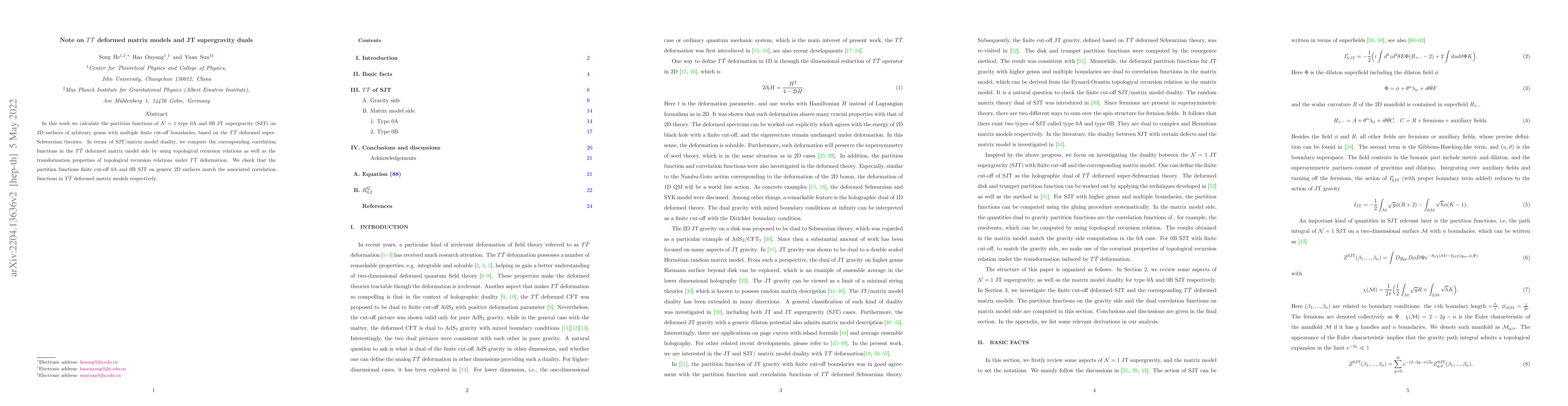 Thumbnail for Note on $T\bar{T}$ deformed matrix models and JT supergravity duals