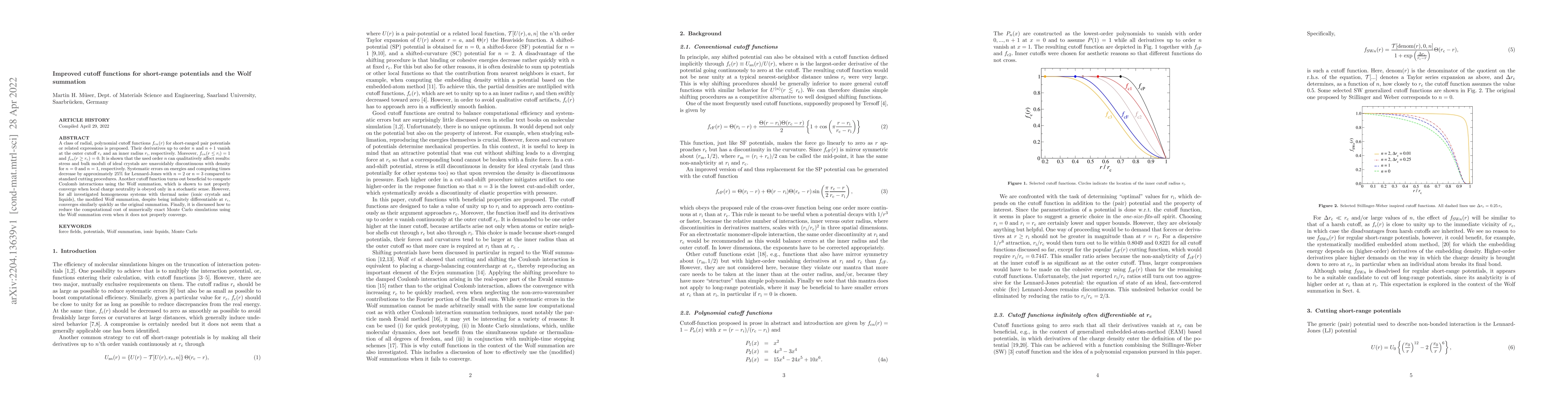 Thumbnail for Improved cutoff functions for short-range potentials and the Wolf
  summation