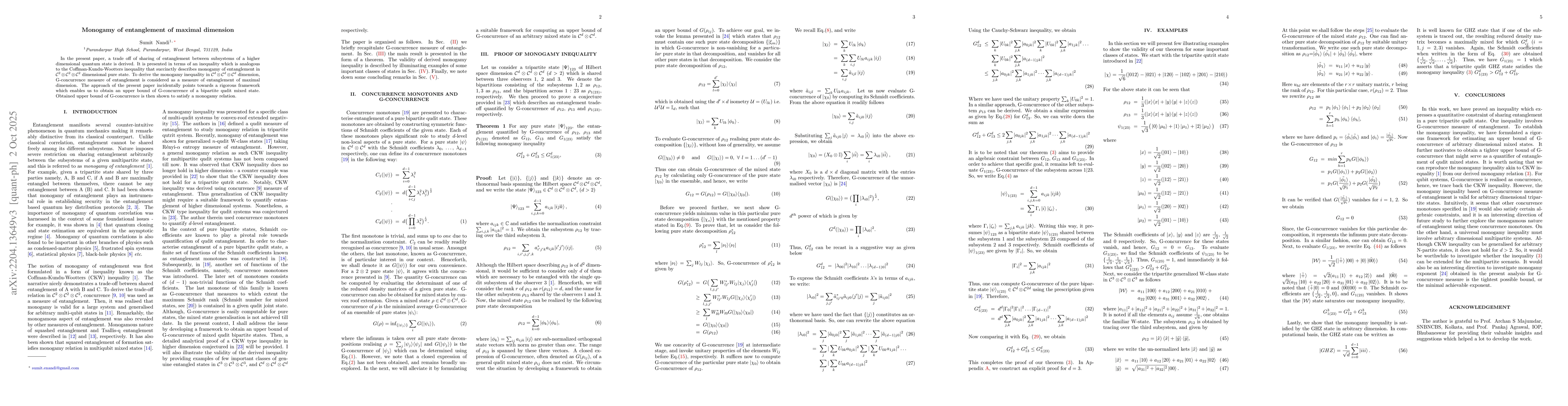 Thumbnail for Monogamy inequality of entanglement of pure tripartite qudit states