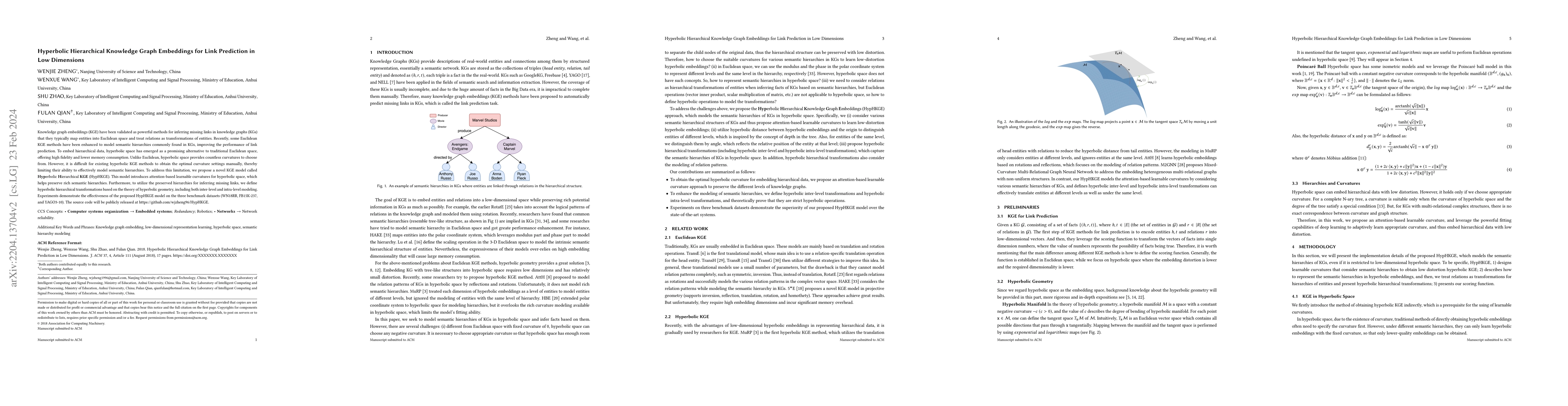 Thumbnail for Hyperbolic Hierarchical Knowledge Graph Embeddings for Link Prediction
  in Low Dimensions