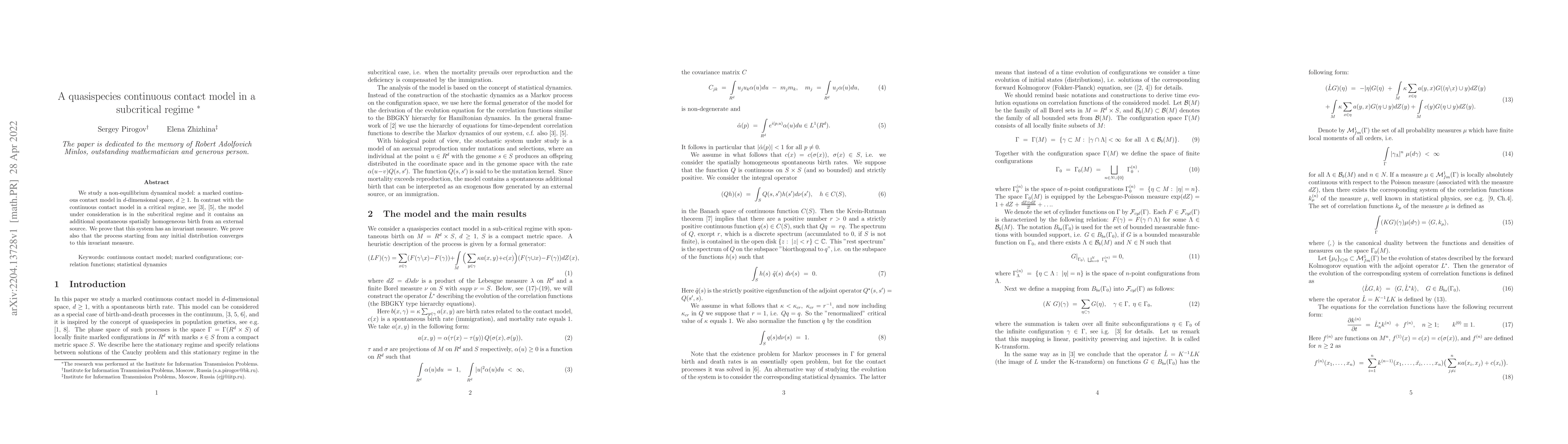 Thumbnail for A quasispecies continuous contact model in a subcritical regime