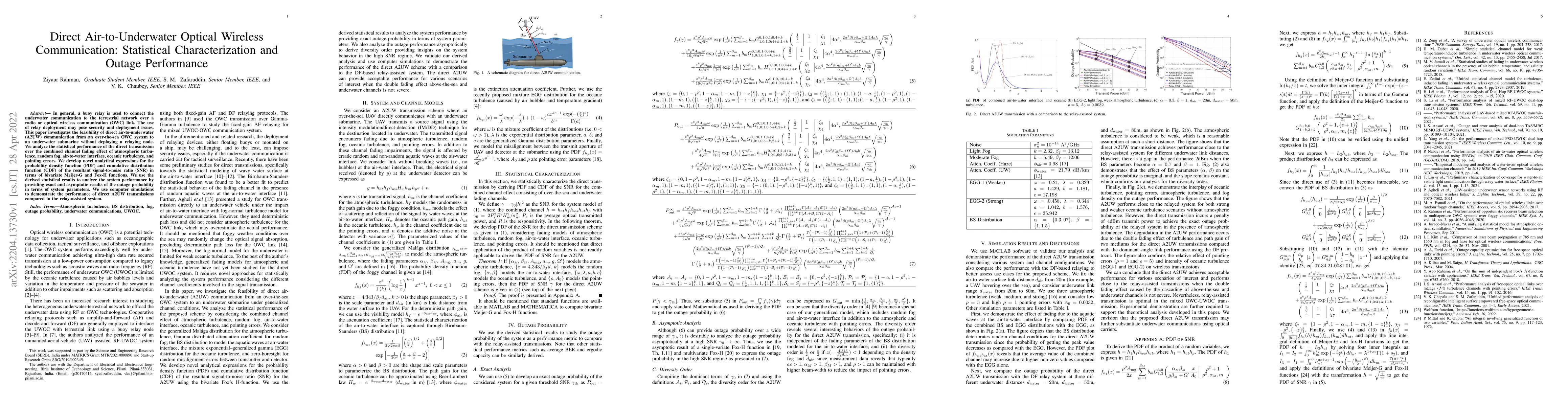 Thumbnail for Direct Air-to-Underwater Optical Wireless Communication: Statistical
  Characterization and Outage Performance
