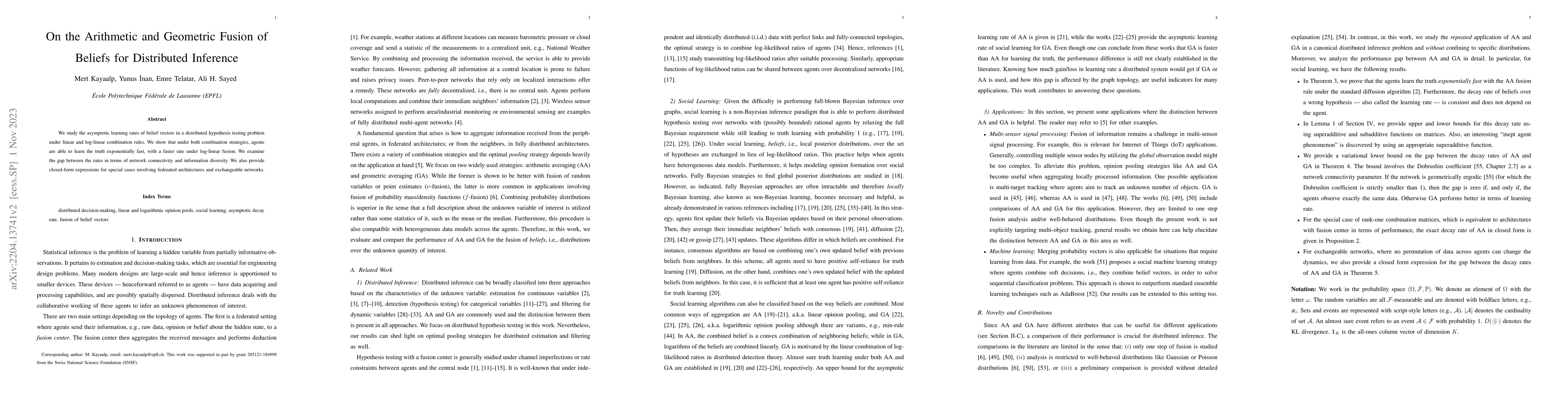Thumbnail for On the Arithmetic and Geometric Fusion of Beliefs for Distributed
  Inference