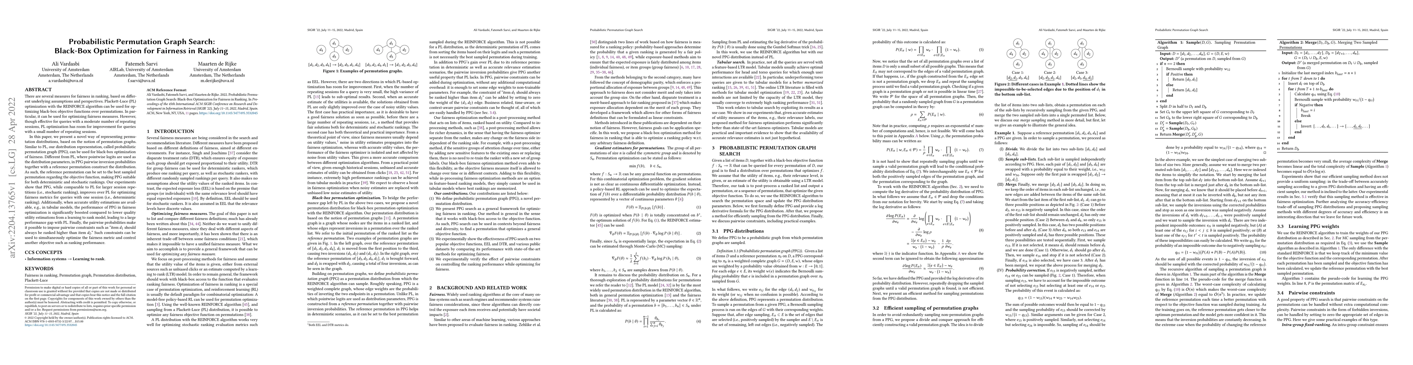Thumbnail for Probabilistic Permutation Graph Search: Black-Box Optimization for
  Fairness in Ranking