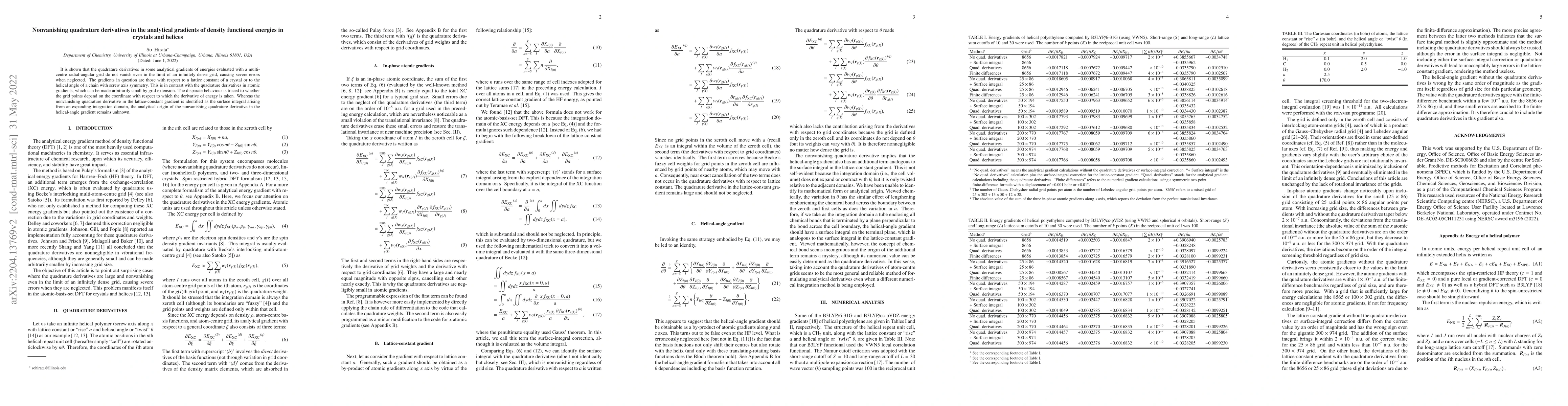 Thumbnail for Nonvanishing quadrature derivatives in the analytical gradients of
  density functional energies in crystals and helices
