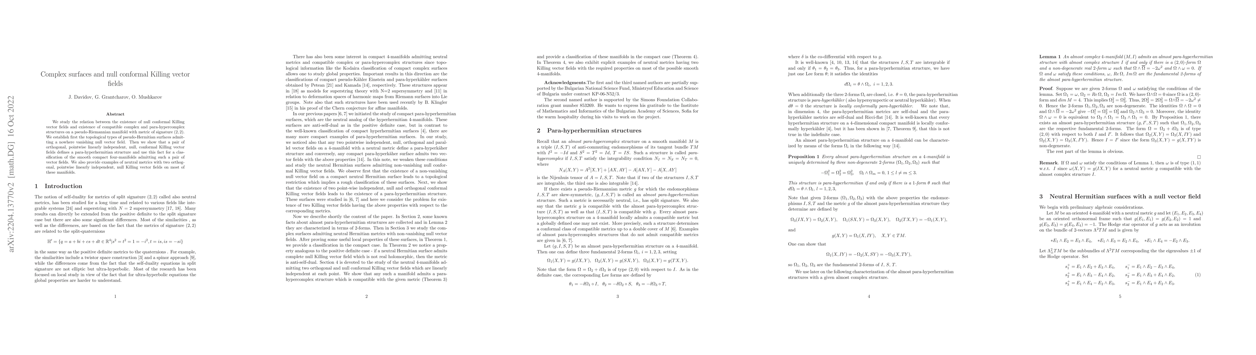 Thumbnail for Complex surfaces and null conformal Killing vector fields