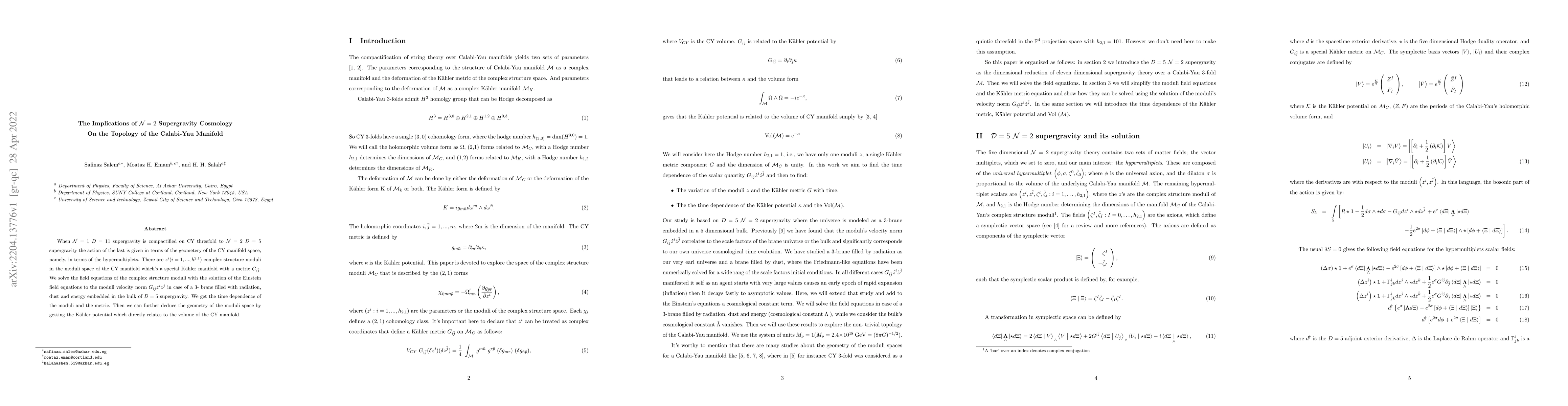 Thumbnail for The Implications of N = 2 Supergravity Cosmology On the Topology of the
  Calabi-Yau Manifold