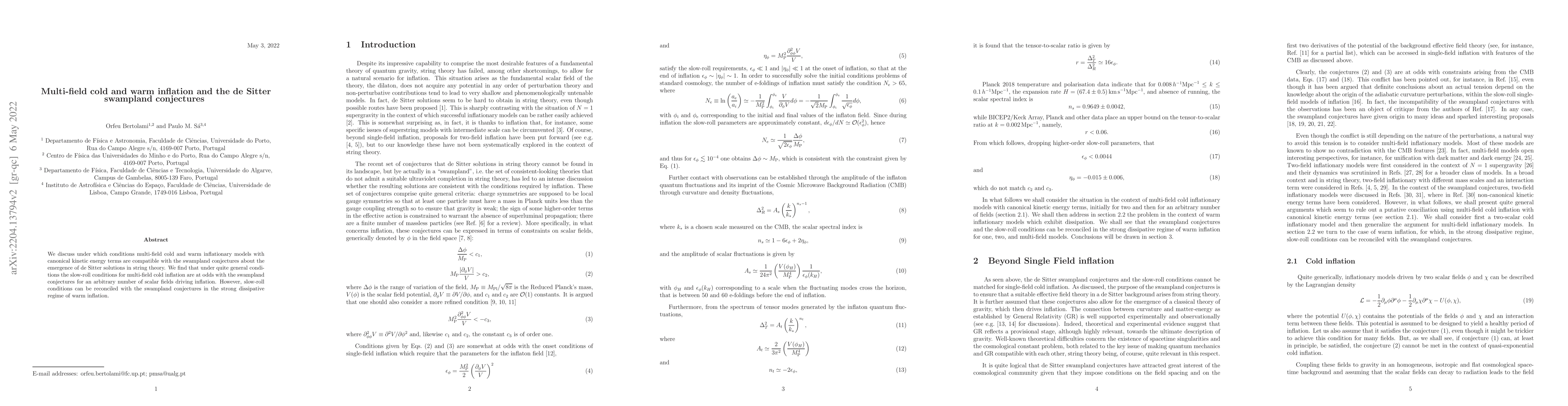 Thumbnail for Multi-field cold and warm inflation and the de Sitter swampland
  conjectures