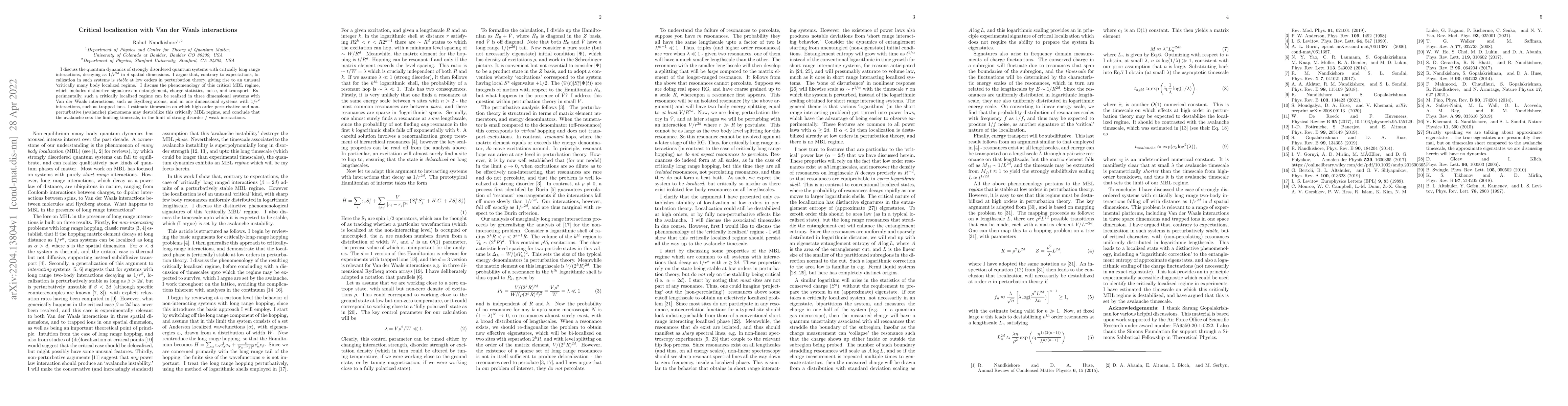 Thumbnail for Critical localization with Van der Waals interactions