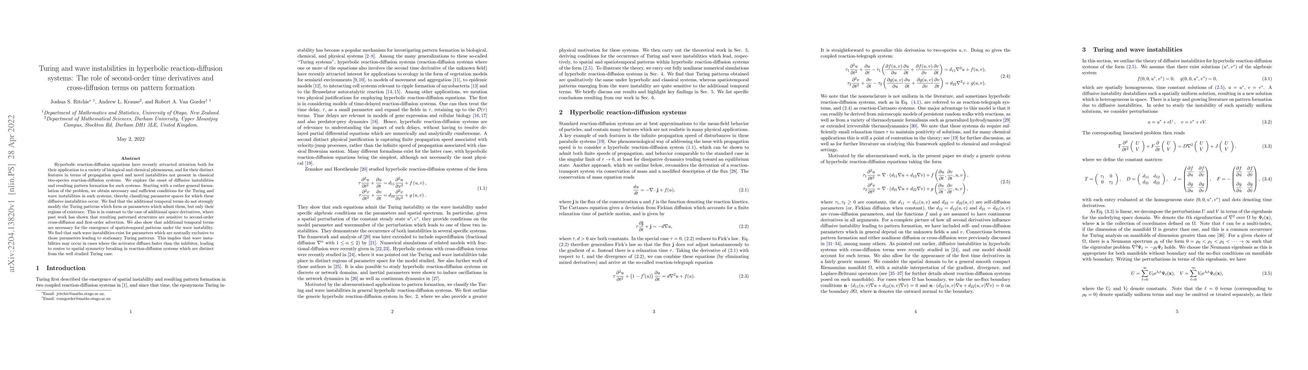 Thumbnail for Turing and wave instabilities in hyperbolic reaction-diffusion systems:
  The role of second-order time derivatives and cross-diffusion terms on
  pattern formation