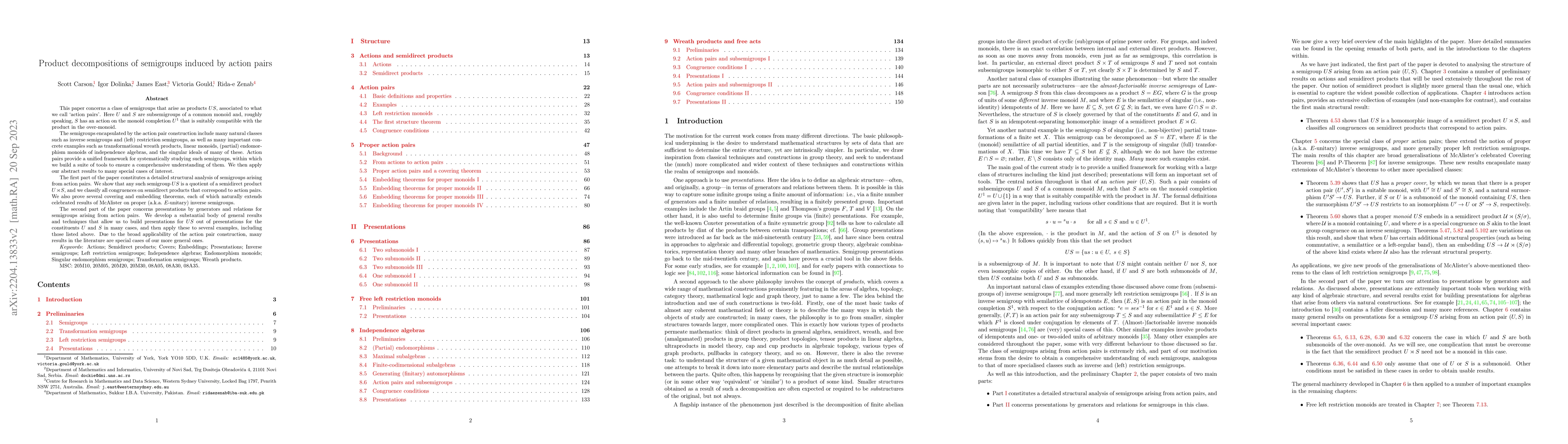 Thumbnail for Product decompositions of semigroups induced by action pairs
