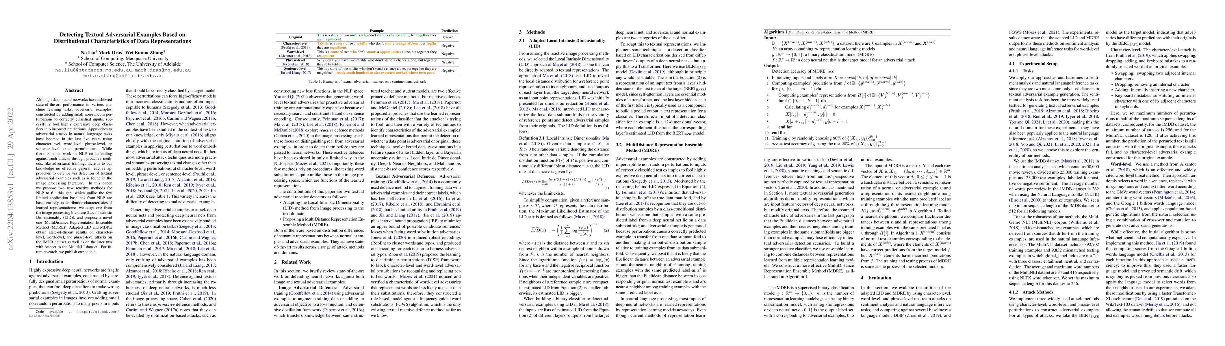 Thumbnail for Detecting Textual Adversarial Examples Based on Distributional
  Characteristics of Data Representations