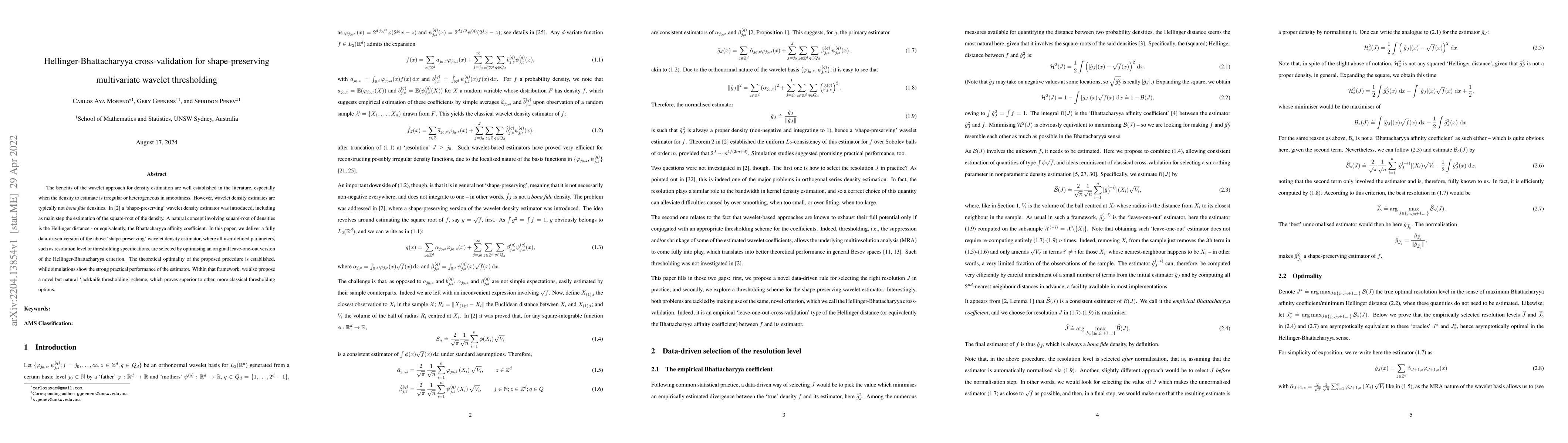 Thumbnail for Hellinger-Bhattacharyya cross-validation for shape-preserving
  multivariate wavelet thresholding