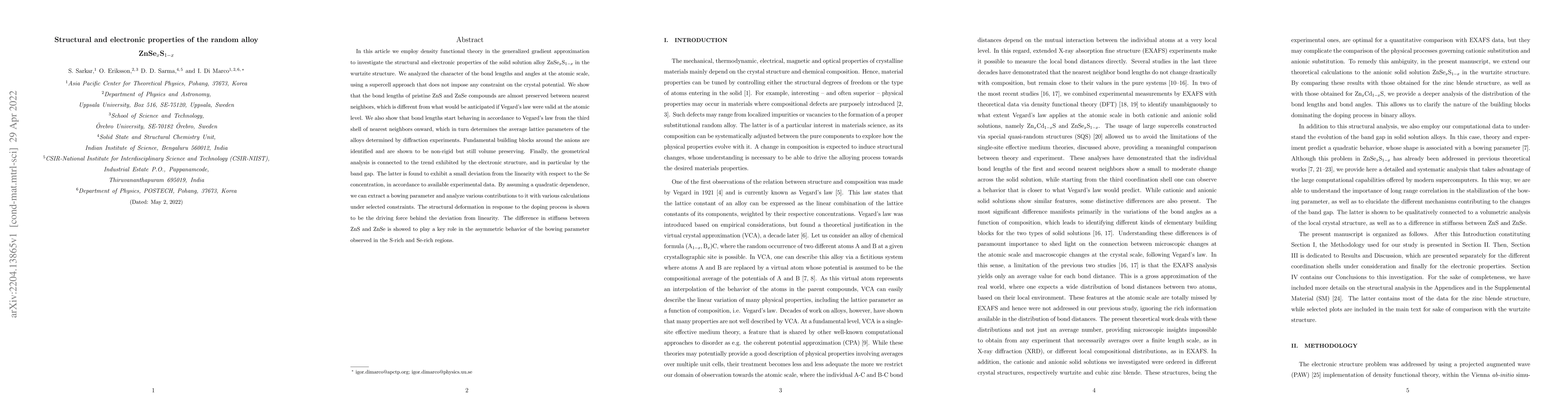 Thumbnail for Structural and electronic properties of the random alloy
  ZnSe$_x$S$_{1-x}$