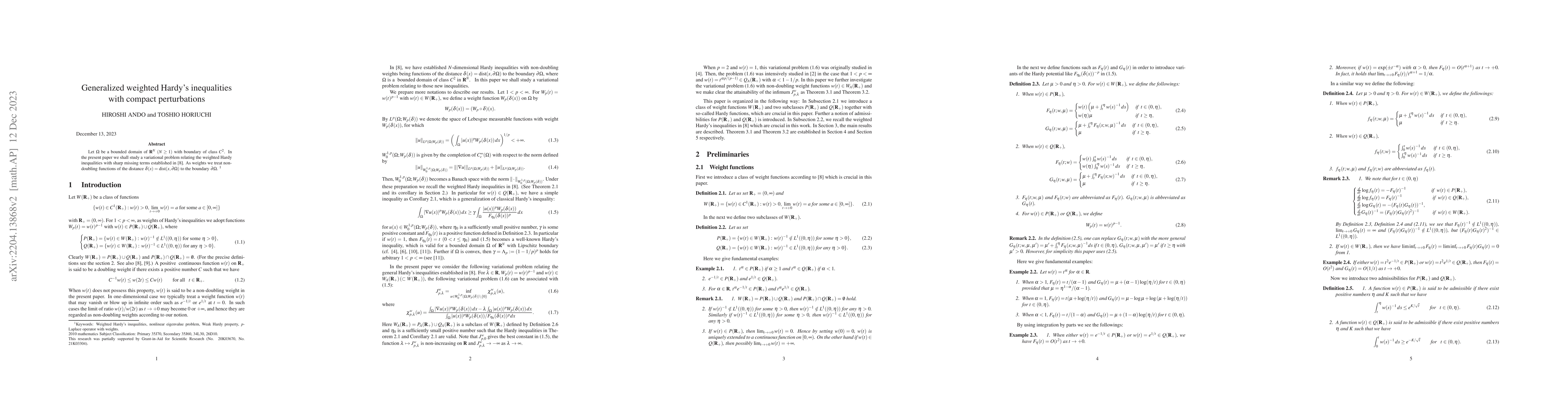 Thumbnail for Generalized weighted Hardy's inequalities with compact perturbations