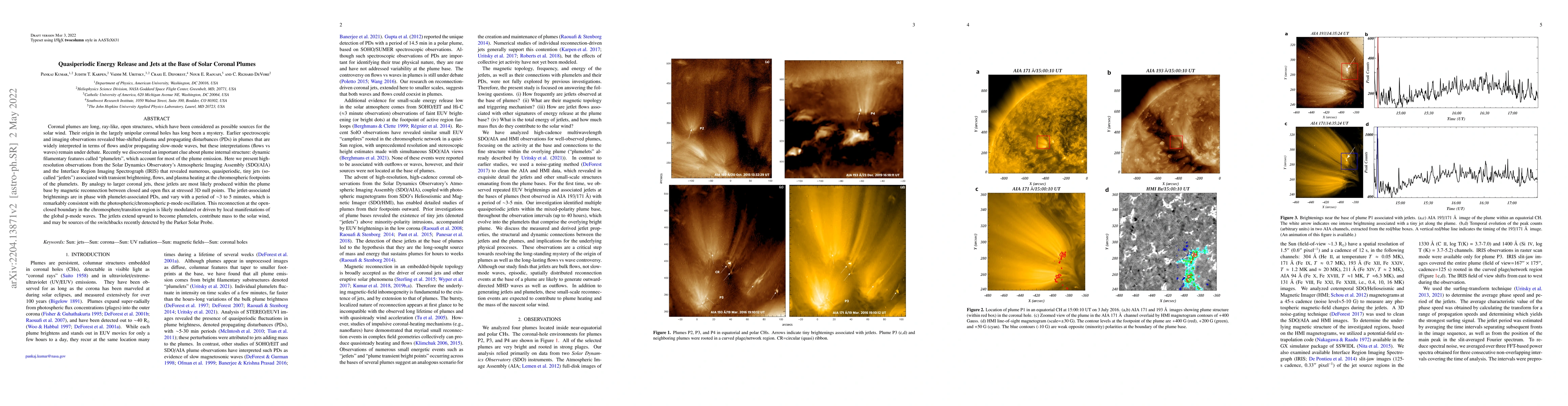 Thumbnail for Quasiperiodic Energy Release and Jets at the Base of Solar Coronal
  Plumes
