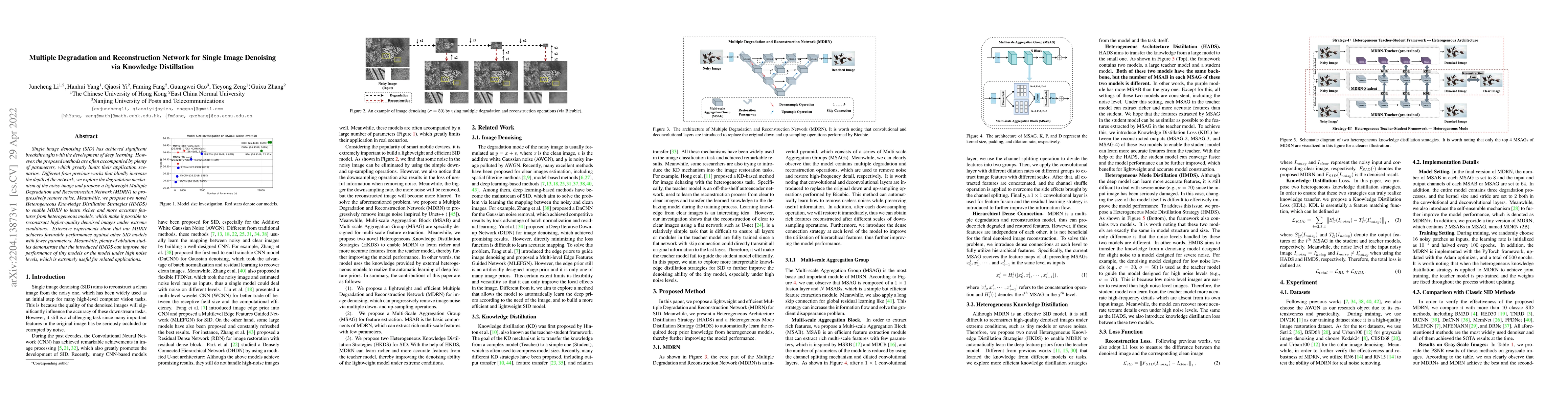 Thumbnail for Multiple Degradation and Reconstruction Network for Single Image
  Denoising via Knowledge Distillation