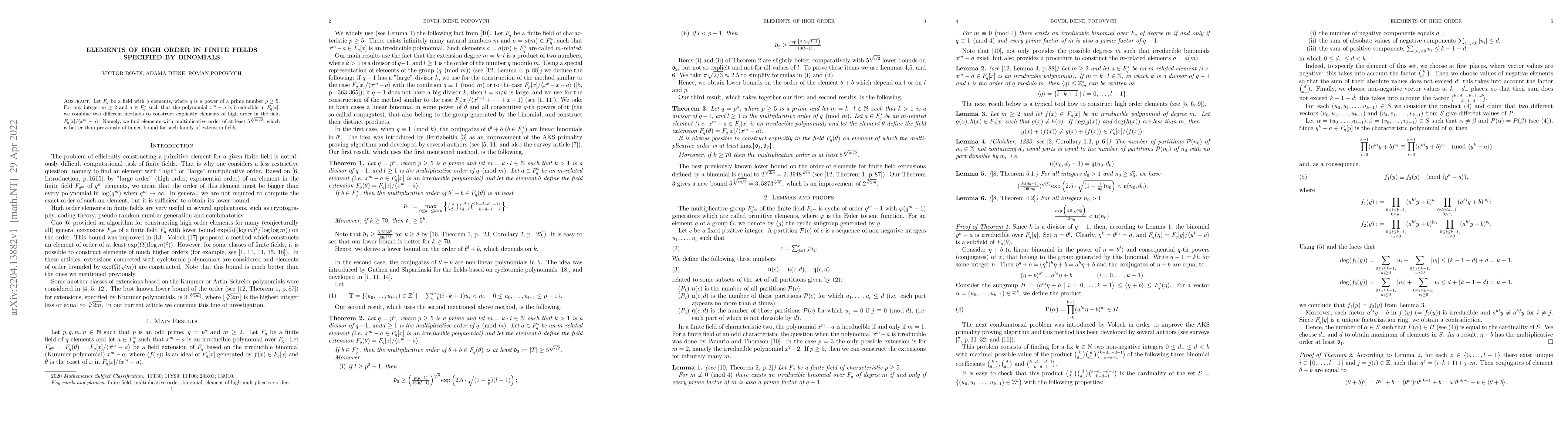 Thumbnail for Elements of high order in finite fields specified by binomials