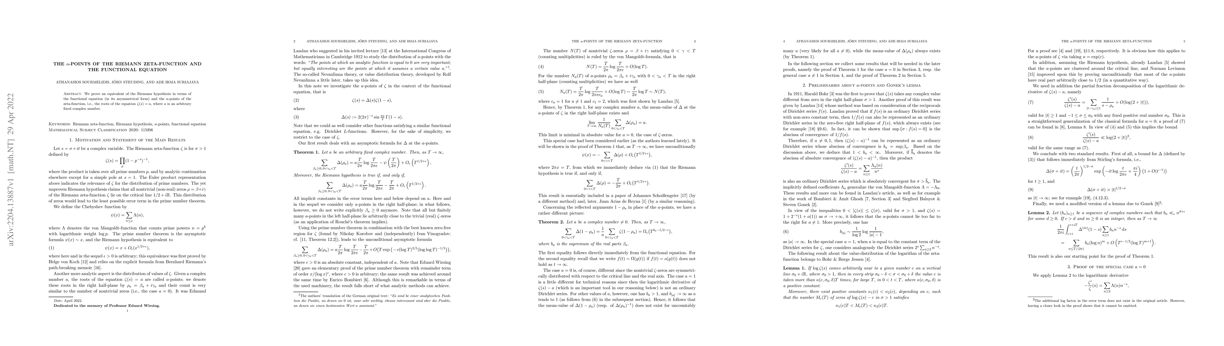 Thumbnail for The $a$-points of the Riemann zeta-function and the functional equation