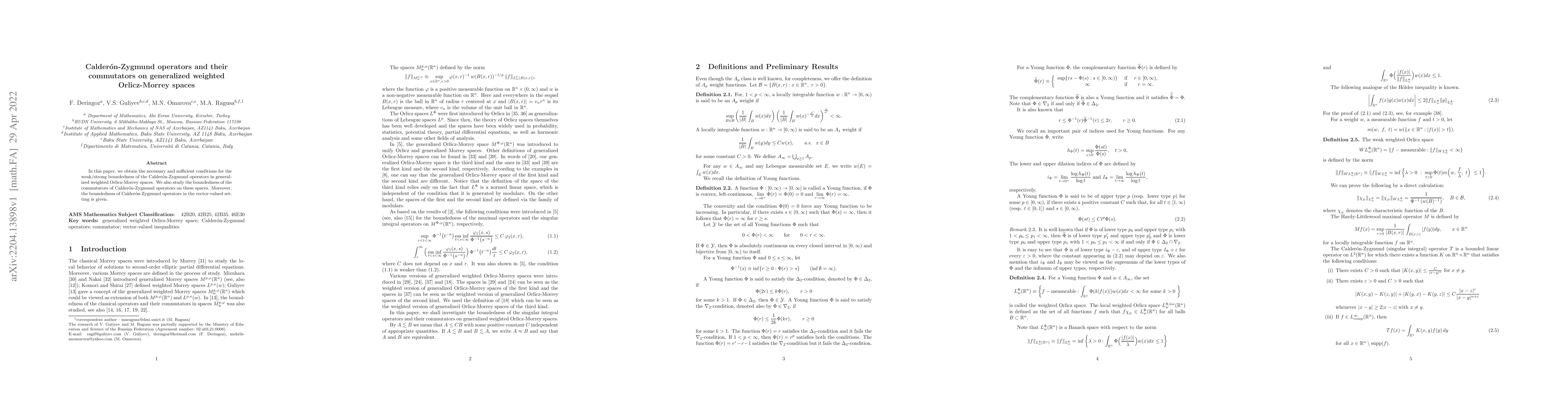 Thumbnail for Calder\'{o}n-Zygmund operators and their commutators on generalized
  weighted Orlicz-Morrey spaces