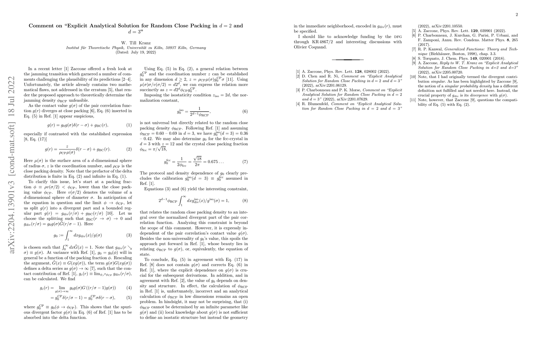 Thumbnail for Comment on "Explicit Analytical Solution for Random Close Packing in
  $d=2$ and $d=3$"