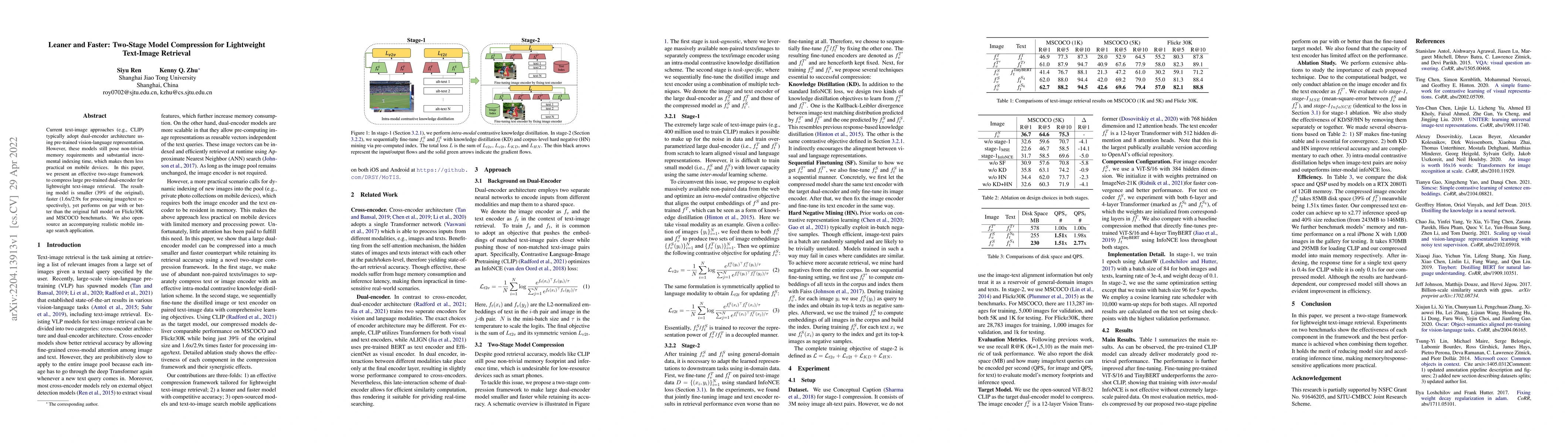 Thumbnail for Leaner and Faster: Two-Stage Model Compression for Lightweight
  Text-Image Retrieval