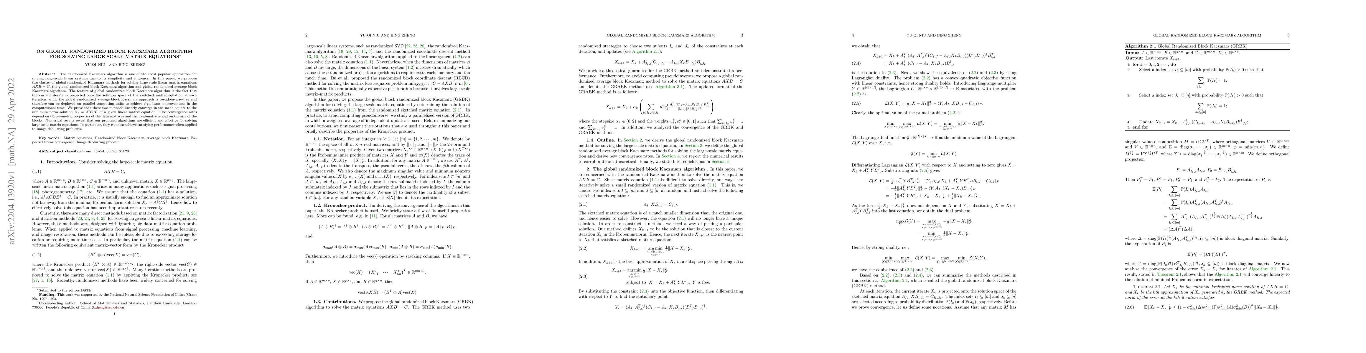 Thumbnail for On global randomized block Kaczmarz algorithm for solving large-scale
  matrix equations
