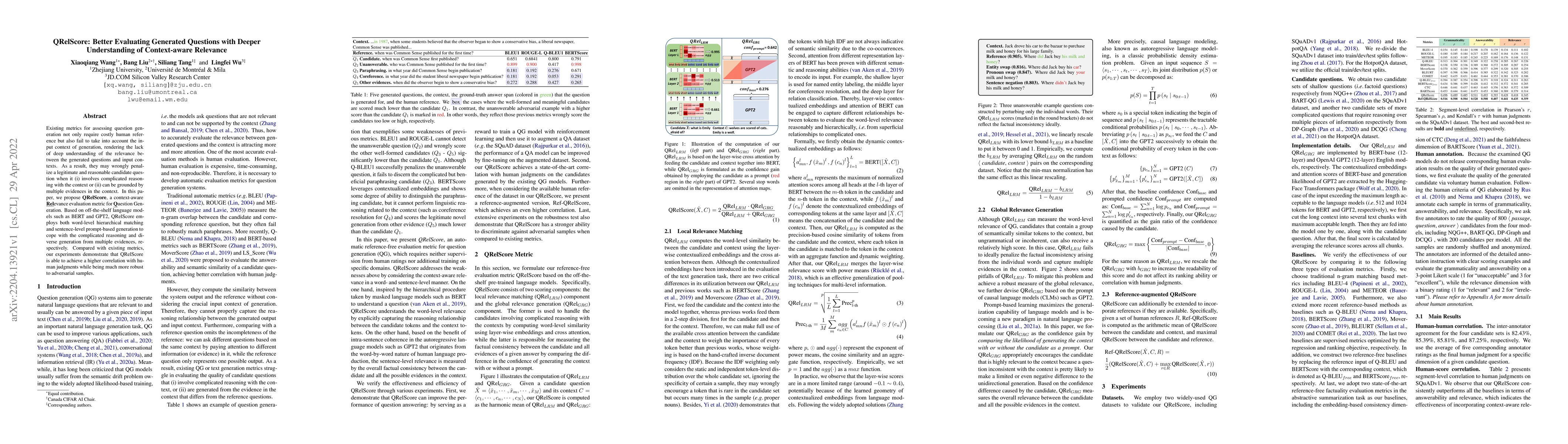Thumbnail for QRelScore: Better Evaluating Generated Questions with Deeper
  Understanding of Context-aware Relevance