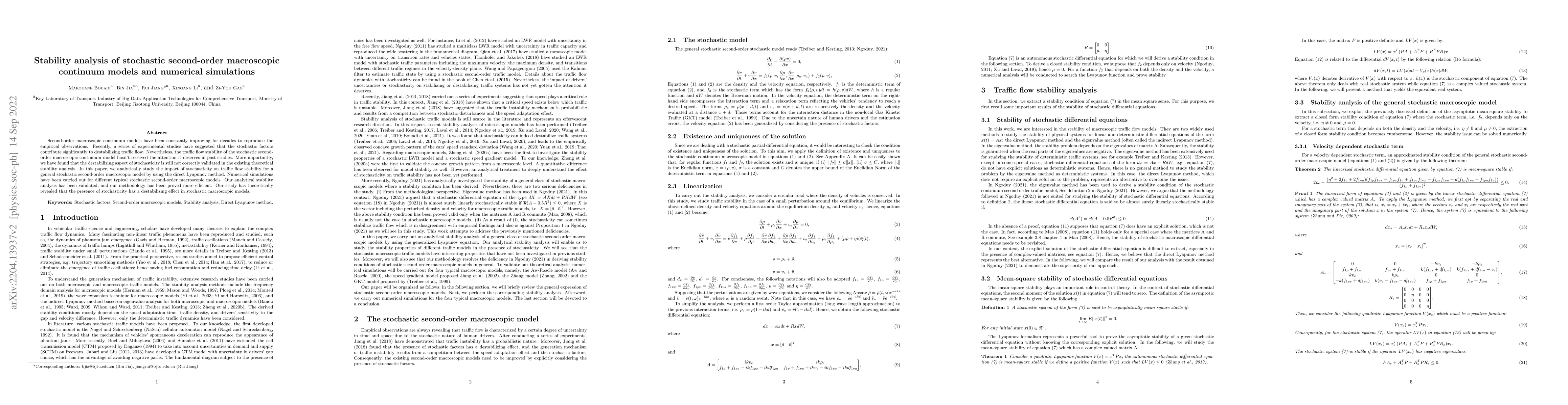 Thumbnail for Stability analysis of stochastic second-order macroscopic continuum
  models and numerical simulations