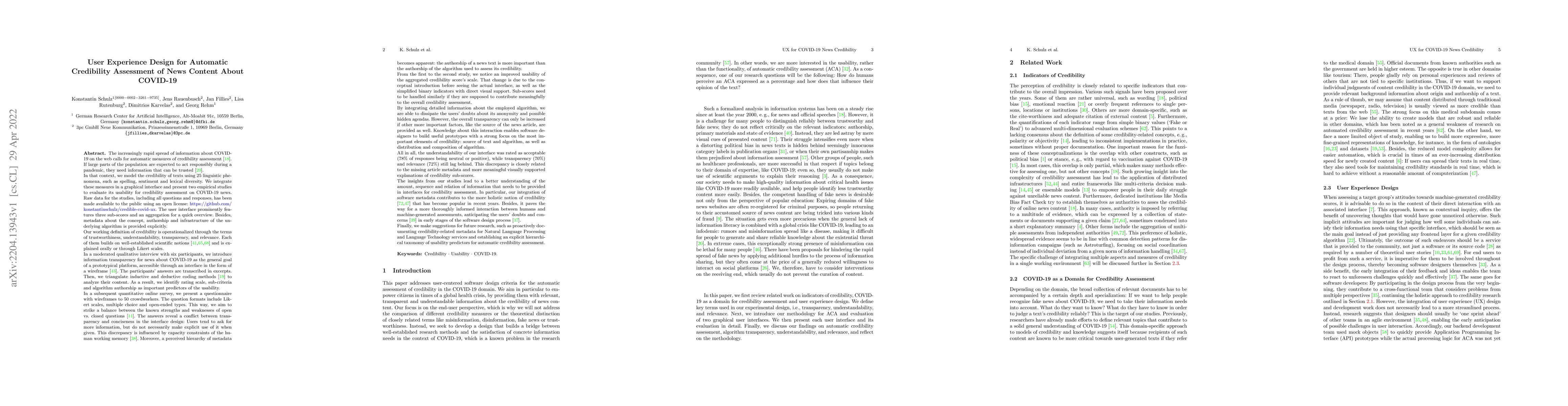 Thumbnail for User Experience Design for Automatic Credibility Assessment of News
  Content About COVID-19
