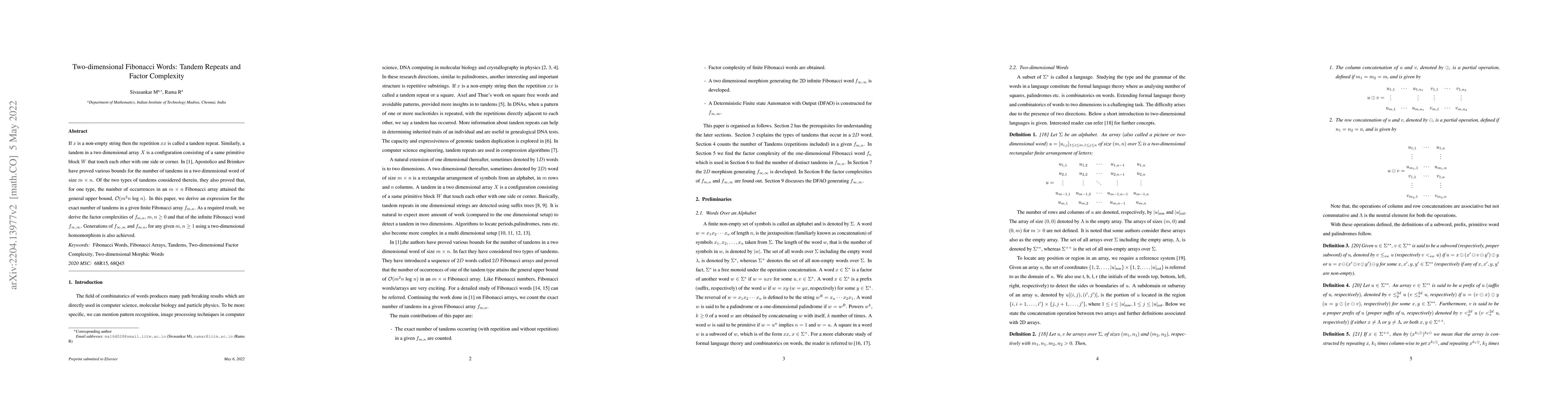 Thumbnail for Two-dimensional Fibonacci Words: Tandem Repeats and Factor Complexity