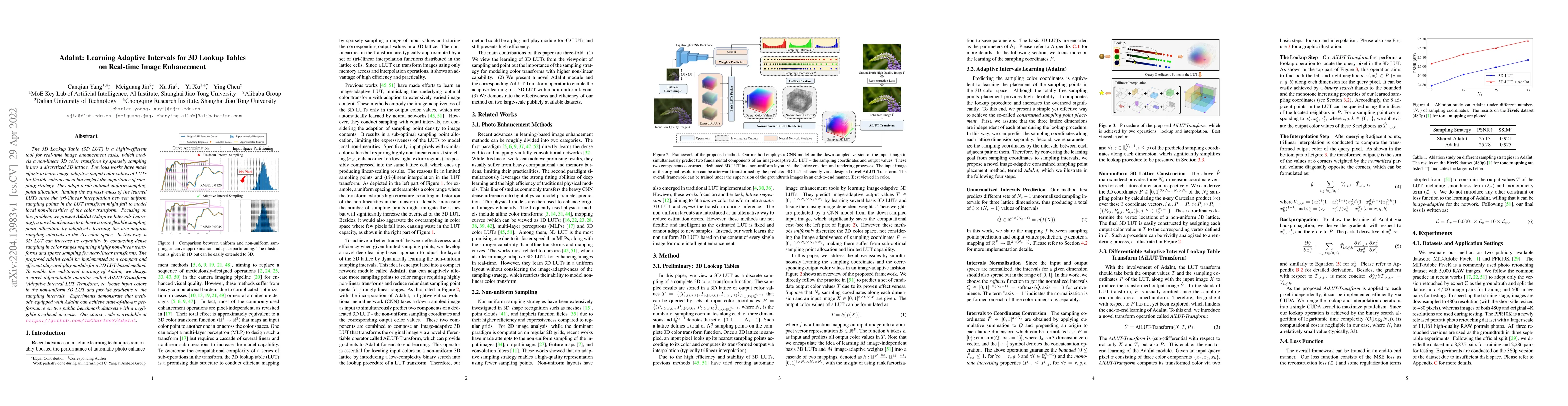 Thumbnail for AdaInt: Learning Adaptive Intervals for 3D Lookup Tables on Real-time
  Image Enhancement