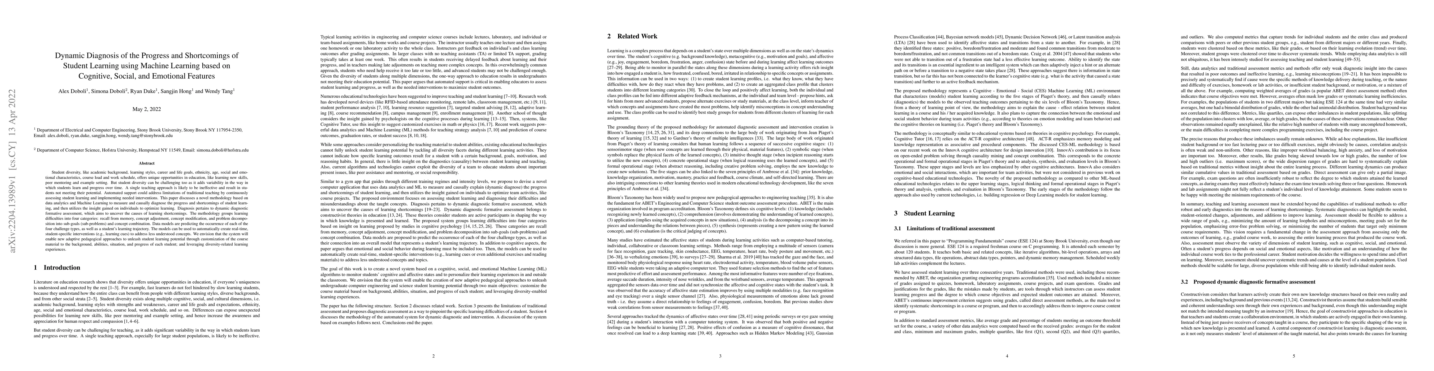 Thumbnail for Dynamic Diagnosis of the Progress and Shortcomings of Student Learning
  using Machine Learning based on Cognitive, Social, and Emotional Features