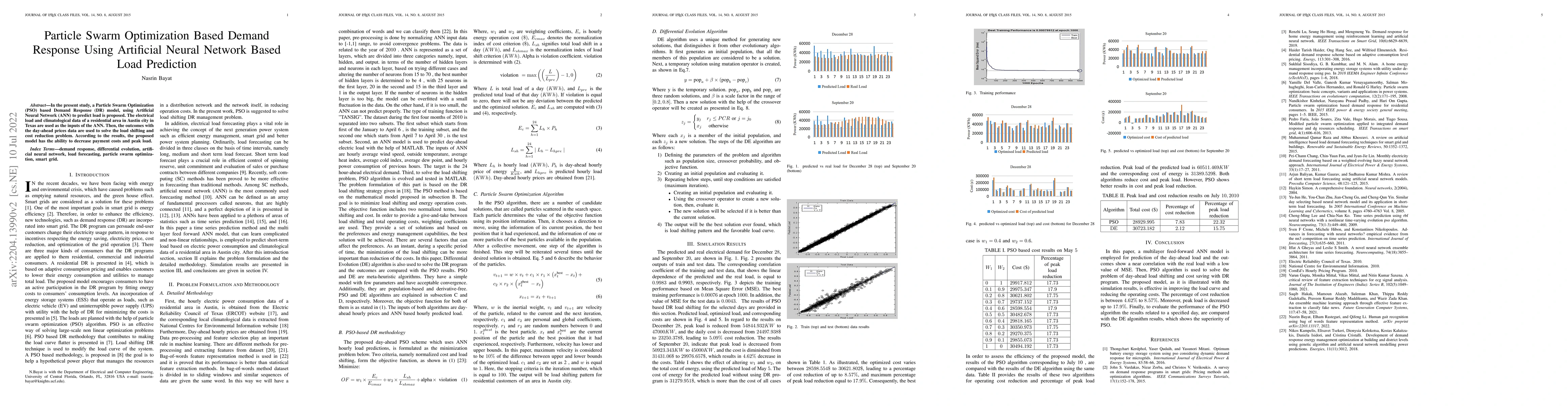 Thumbnail for Particle Swarm Optimization Based Demand Response Using Artificial
  Neural Network Based Load Prediction